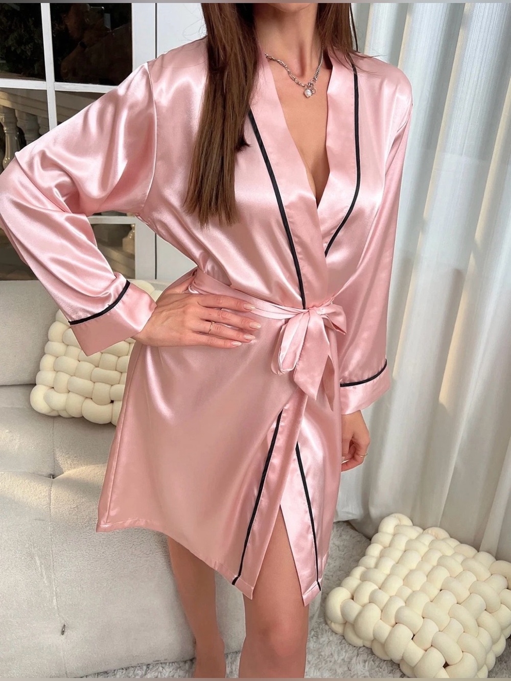 Satin Feel Wrap Robe - Pink with Black Trim size L NWOT
